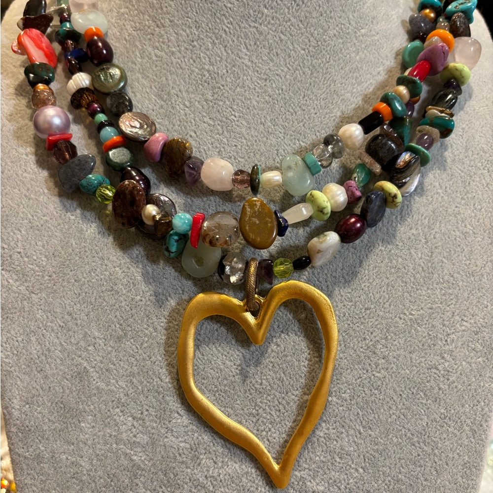 Colorful Gemstone Necklace with Gold Heart Pendant